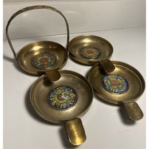 CHINESE BRASS ENAMEL STACKING ASHTRAYS CARRIER STAND